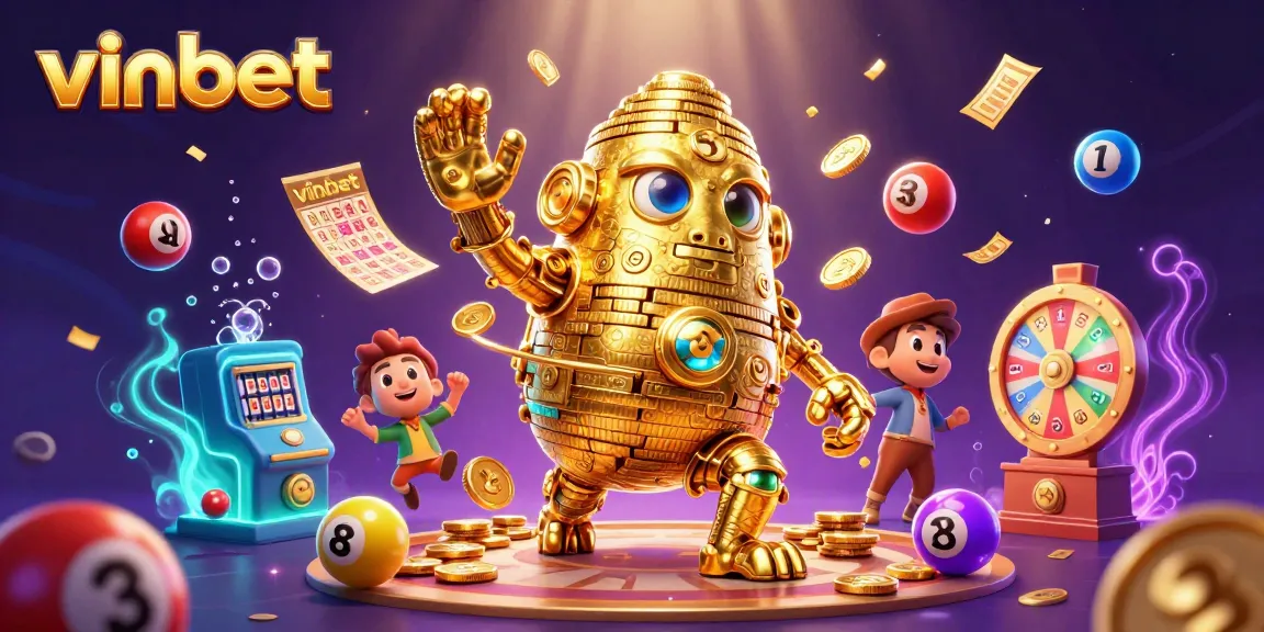 Experience thrilling wins with vinbet's vibrant lottery-themed illustration showcasing a golden golem surrounded by colorful game elements.