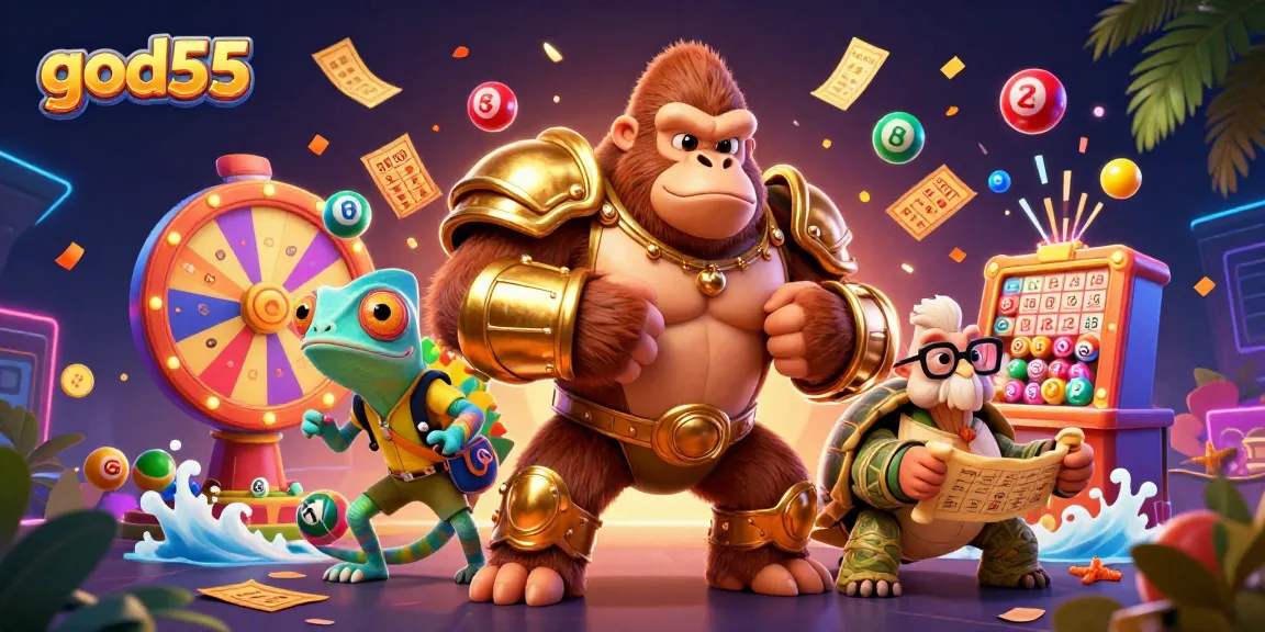 Experience god55 with a vibrant 3D illustration of a powerful gorilla king amidst dynamic lottery elements and casino excitement.