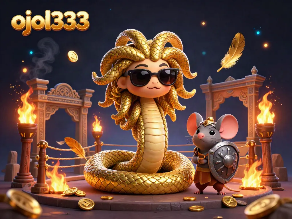 ojol333 features a vibrant casino scene with a friendly Greek Medusa and a warrior mouse amidst golden coins and fire effects.