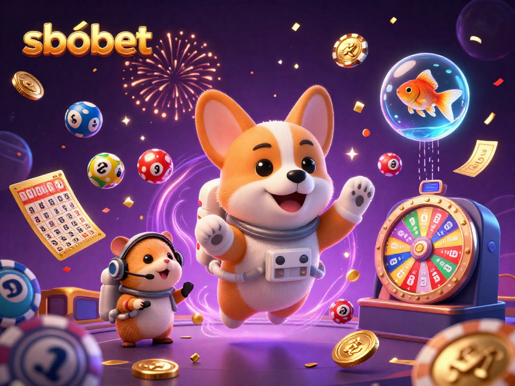Enjoy thrilling sbobet gaming experiences with colorful casino elements floating in a dynamic space scene.