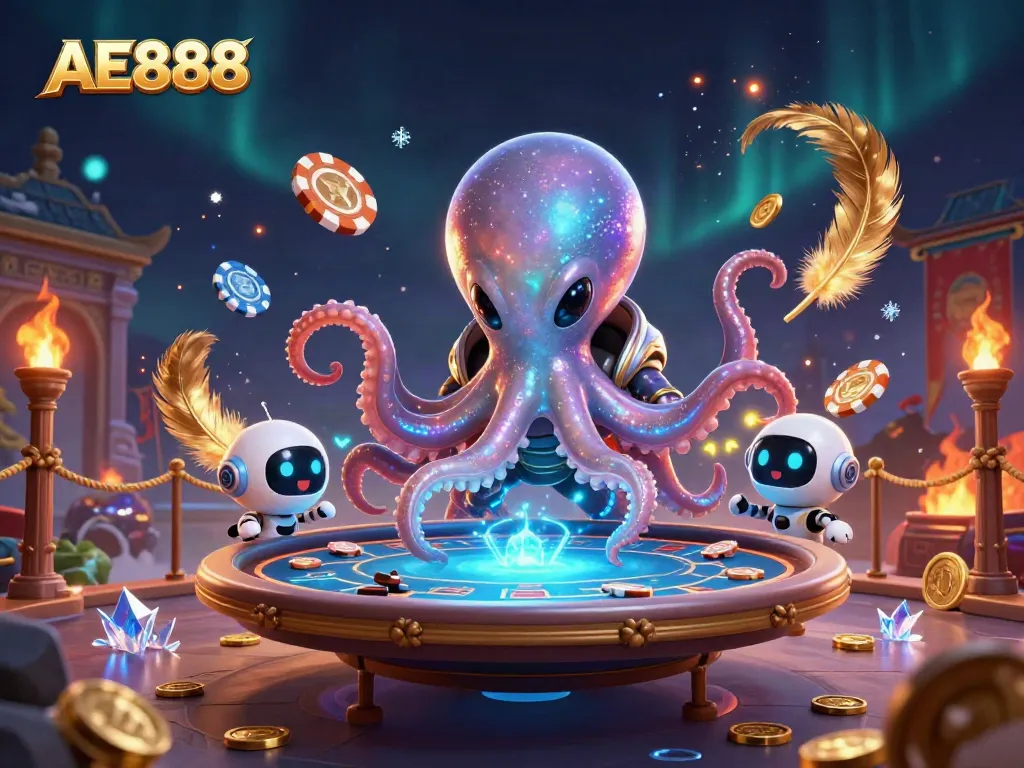 Experience thrilling gaming with AE888's alien octopus at a vibrant poker table.
