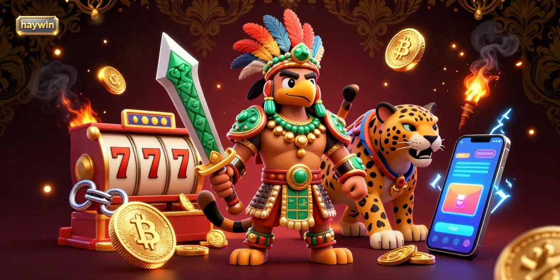 Engage with Haywin's vibrant casino world, featuring an Aztec warrior amidst slot reels and crypto coins.
