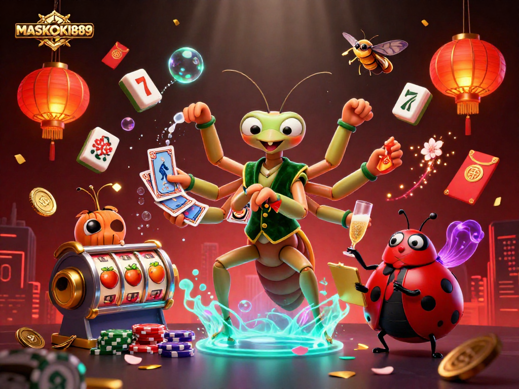 Players engage with MASKOKI889's thrilling slot experience featuring lively characters and rich casino visuals.