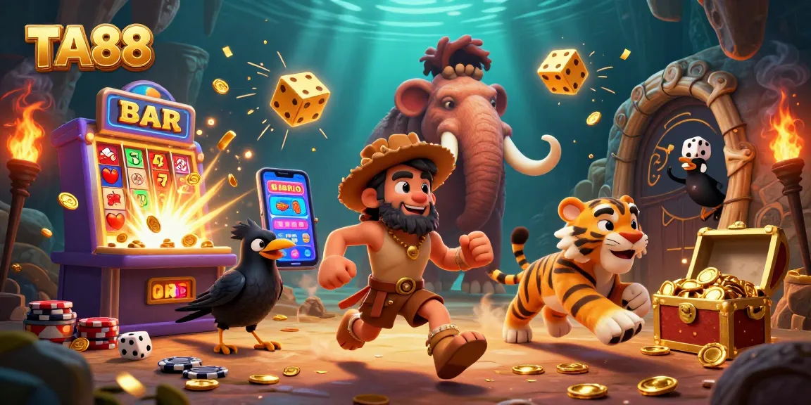TA88 caveman and sabertooth tiger duo celebrating a jackpot in their casino