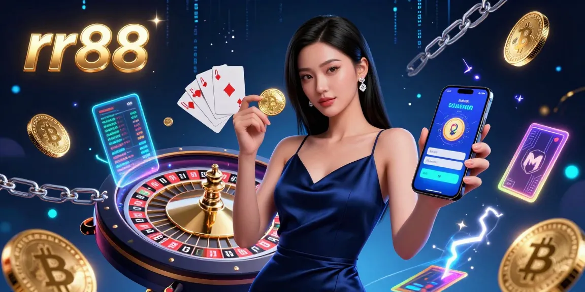 Experience gaming excitement at rr88 with a stunning woman holding a golden chip and smartphone amidst vibrant casino elements.