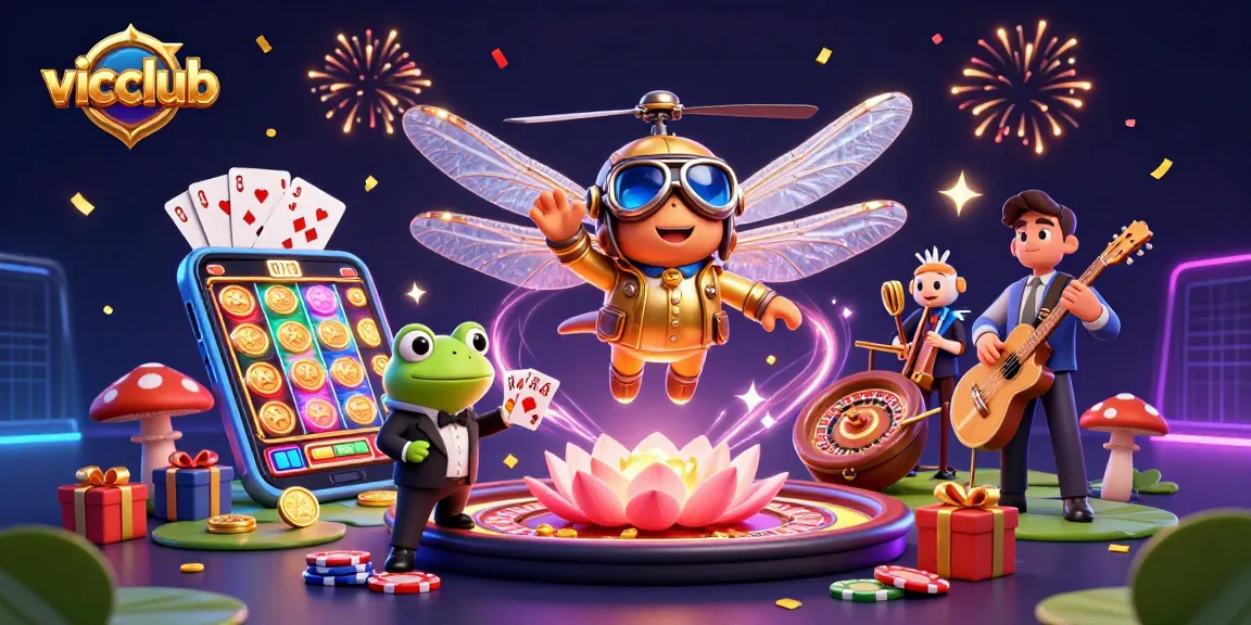 Experience the thrill at vicclub with a vibrant gaming scene of a dragonfly pilot, frog croupier, and jazz musicians.