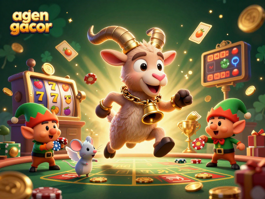 A playful representation of agen gacor with dynamic slot reels and festive characters in a thrilling casino scene.