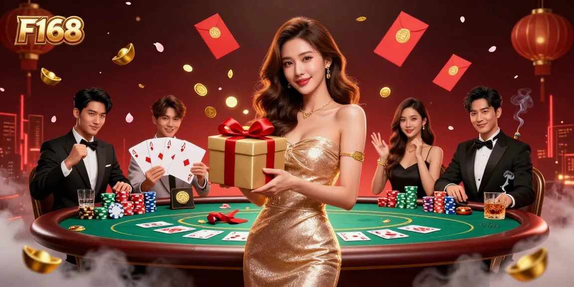 Experience F168 in a vibrant Lunar New Year casino scene with gold coins and poker elements.
