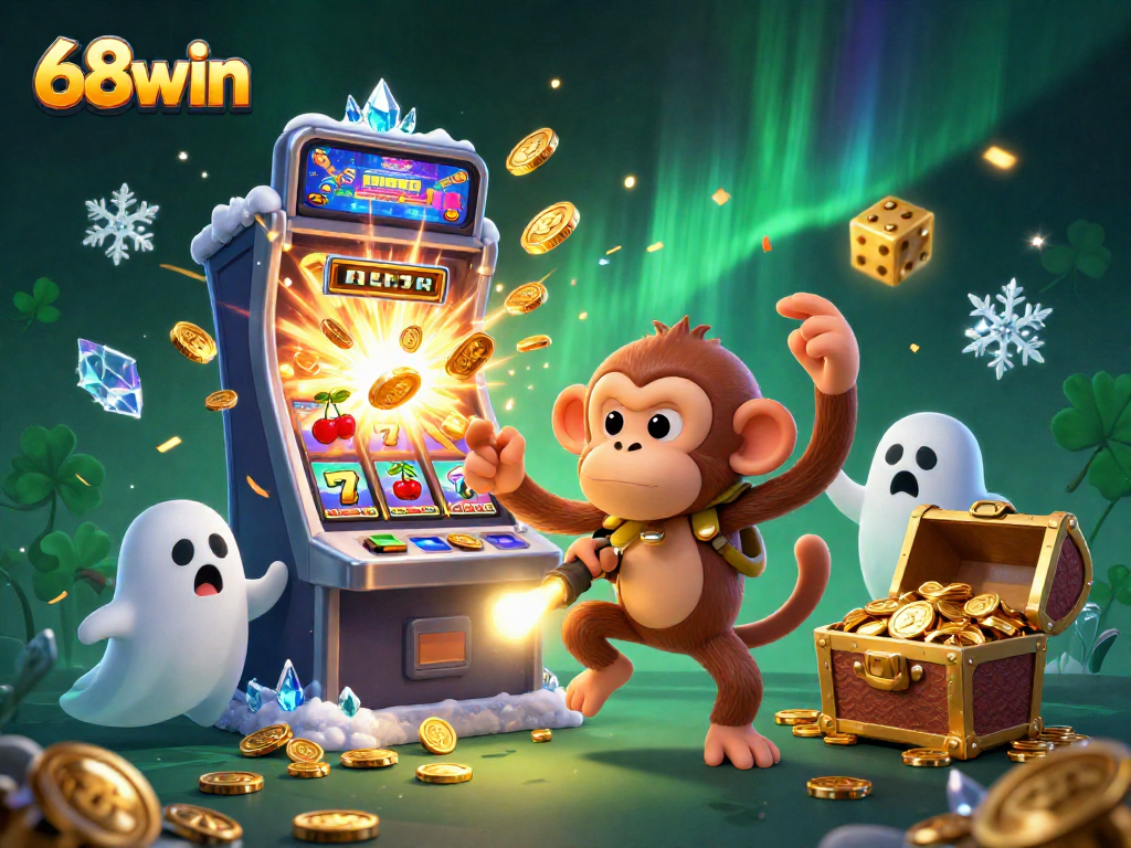 Experience the excitement of 68win slots with a juggler monkey and treasure in a vibrant casino