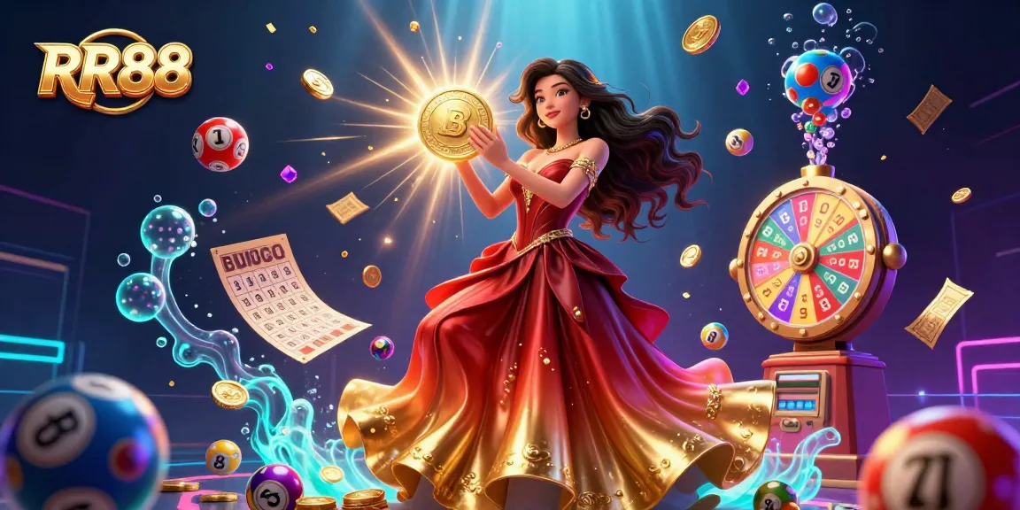 Engage with thrilling games at RR88 featuring a stunning woman and vibrant gambling elements.