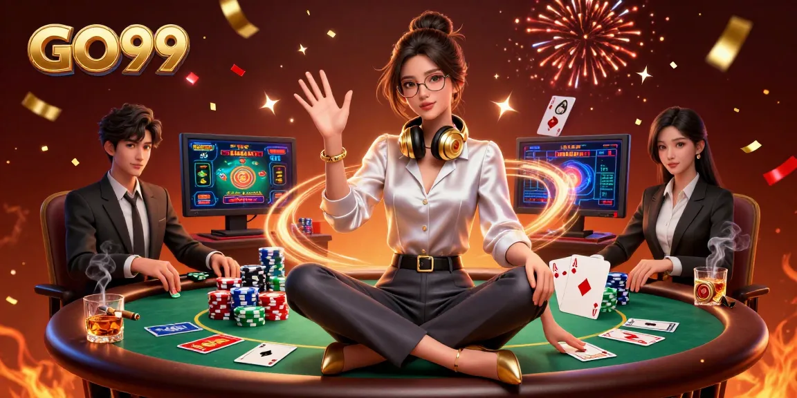 Experience high-stakes gaming action with GO99, showcasing an elegant player at a poker table.
