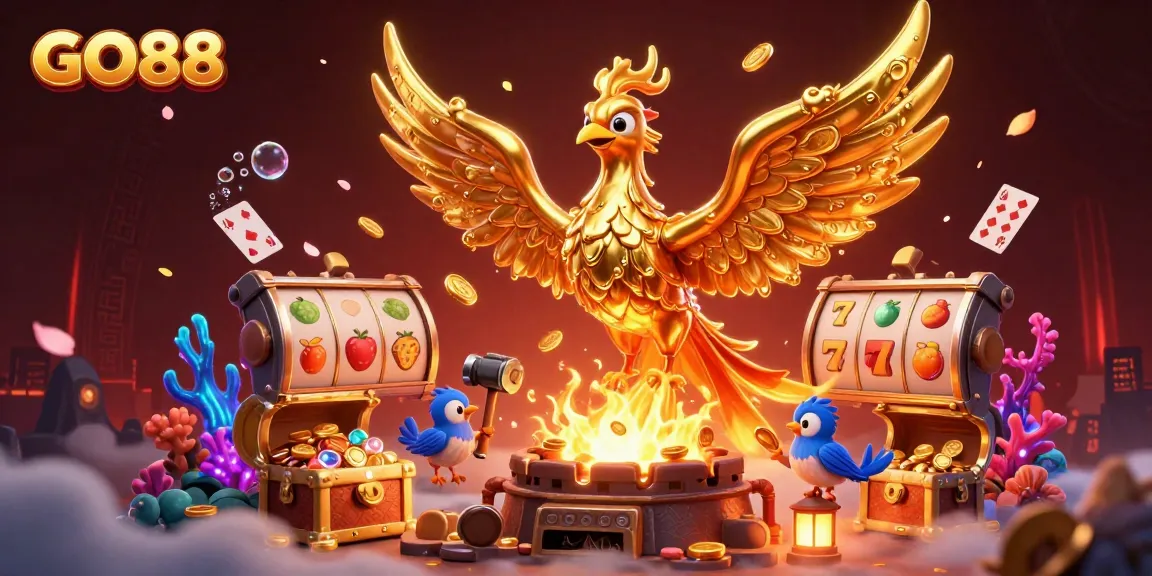 Experience thrilling gameplay with GO88, featuring a golden phoenix and slot elements for ultimate casino excitement.