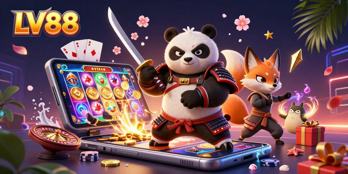 Engage in thrilling LV88 casino action with a fierce samurai panda and friends.