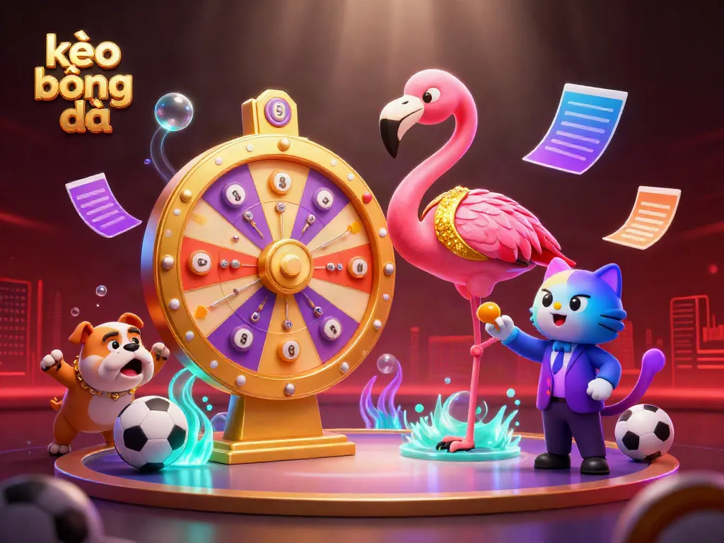 Engaging kèo bóng đá scene featuring a flamingo game host and bulldog contestant amidst sports betting elements.