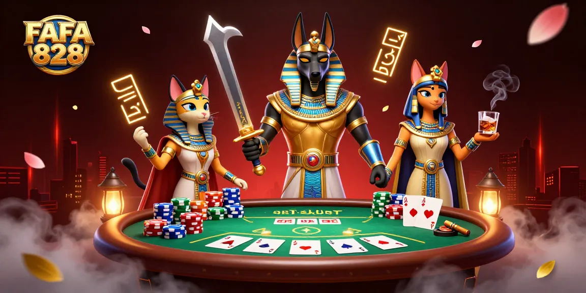 Engage in high-stakes poker action with FAFA 828, led by Anubis and Bastet amid vibrant casino elements.