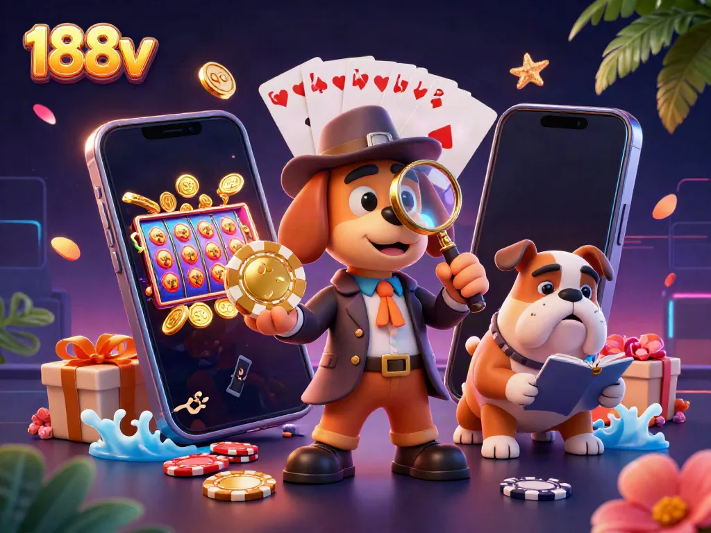 188v game scene with detective and bulldog inspecting poker chips amidst casino elements.