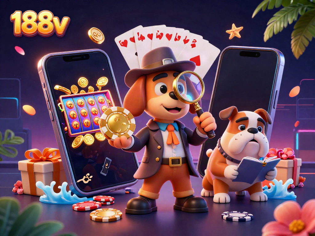 188v game scene with detective and bulldog inspecting poker chips amidst casino elements.