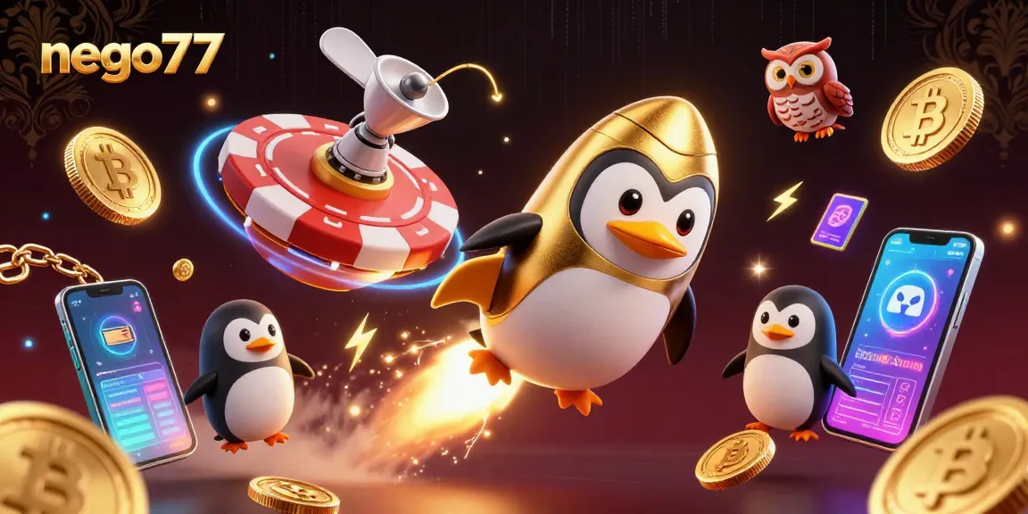 Engage with nego77 and experience thrilling cryptocurrency slots surrounded by golden coins and a dynamic casino atmosphere.