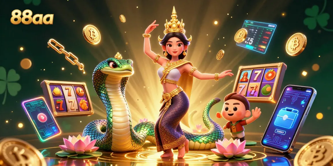 Experience exciting gaming at 88aa with vibrant slot reels and a traditional Thai-themed atmosphere.