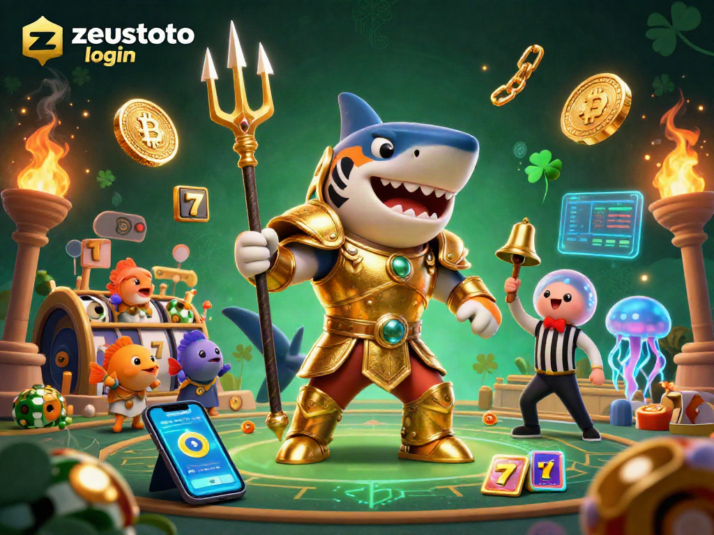 Immerse yourself with zeustoto login in a vibrant underwater casino scene featuring a tiger shark and crypto coins.