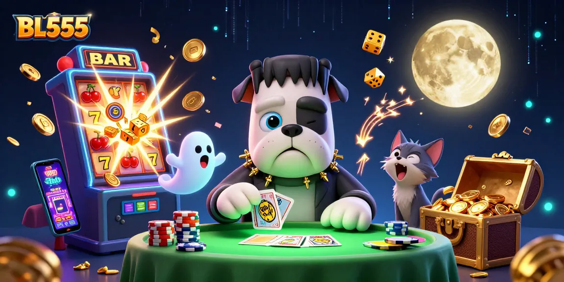 Experience thrilling wins with BL555's dynamic casino scene featuring vibrant characters and games.