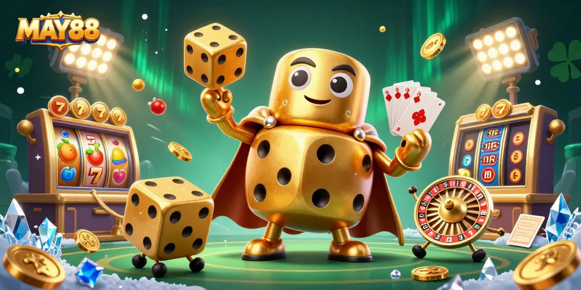MAY88 showcases vibrant casino excitement with a golden dice golem amidst joyful slot machines.