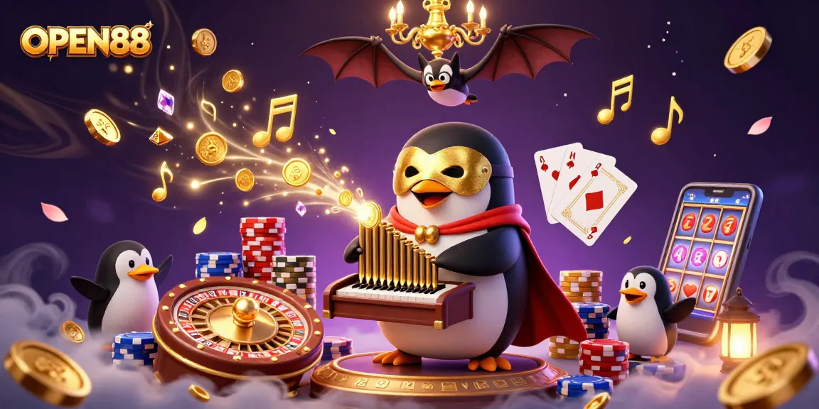 Experience the thrill of OPEN88 with a dynamic 3D casino scene showcasing vibrant gaming elements and characters.