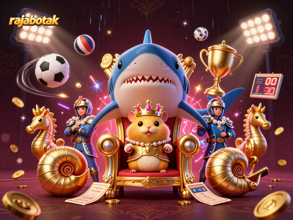 Experience rajabotak's thrilling sports betting scene with a cartoon hamster king surrounded by dynamic game elements.