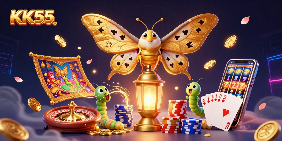 Engage with KK55’s vibrant casino scene animated by golden coins and playful characters.