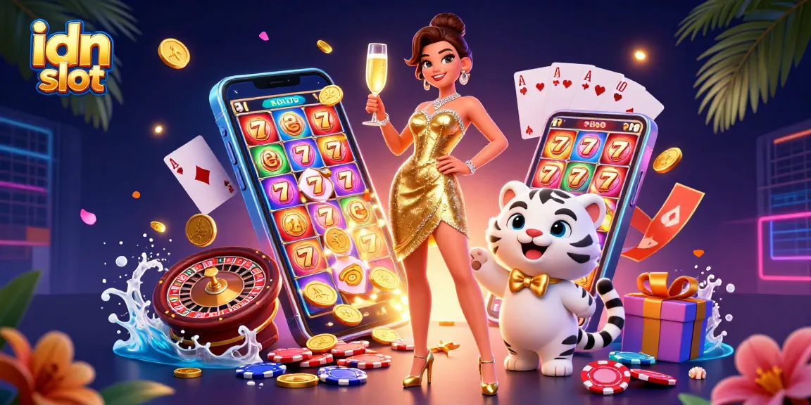 Experience thrilling idn slot gameplay illustrated as a glamorous woman and lucky tiger celebrate wins.