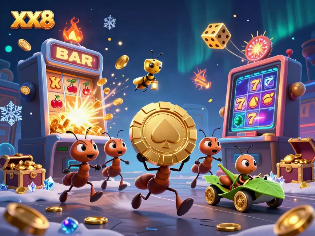 Ants carrying a giant poker chip in XX8 casino scene filled with games and excitement.