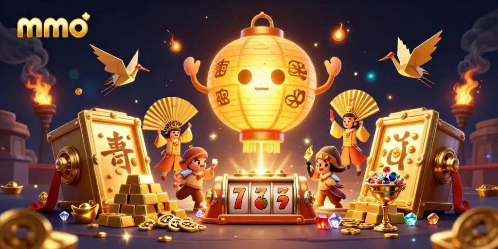 Experience the thrill of mmoo with a vibrant casino scene featuring gold and luck symbols.