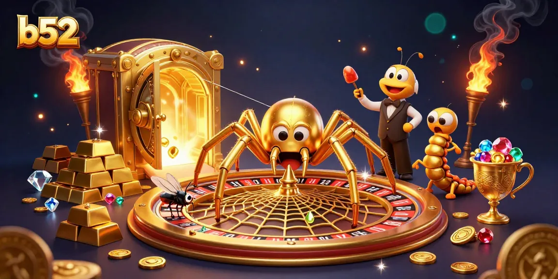 Place bets at b52 with golden spider spinning roulette-like web in a dazzling casino scene.