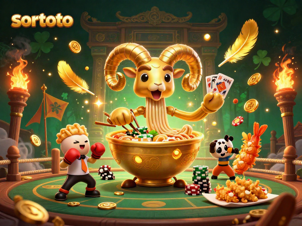 Ramen emas menangani kartu dan mengumpulkan koin pada platform judi sortoto yang penuh warna.