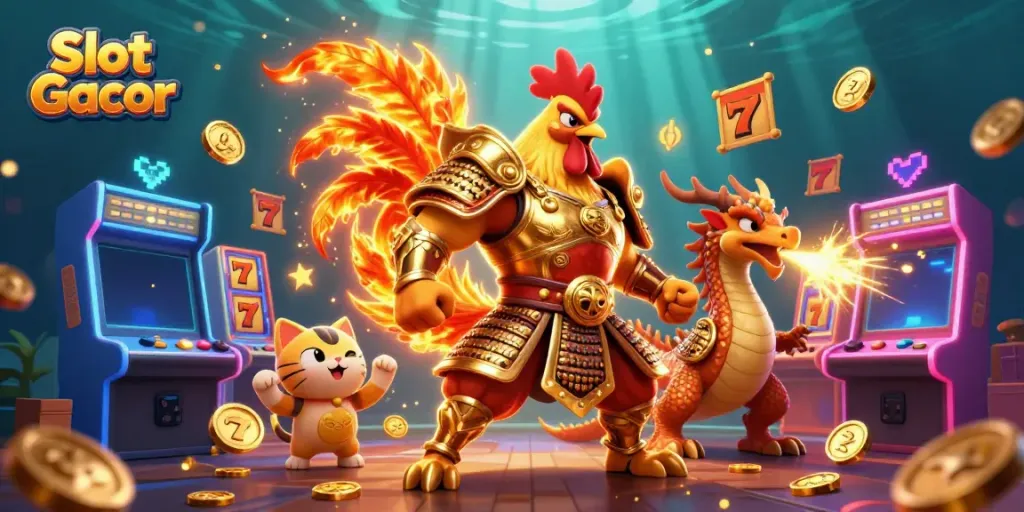 Experience the excitement of Slot Gacor with a dynamic scene of a warrior rooster, dragon, and casino elements.