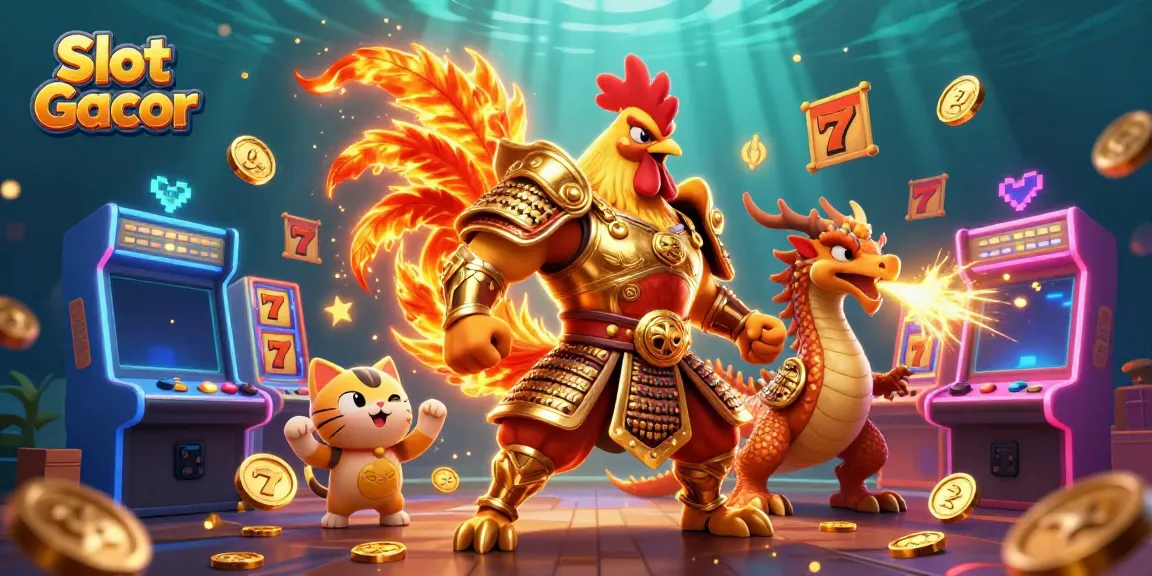 Experience the excitement of Slot Gacor with a dynamic scene of a warrior rooster, dragon, and casino elements.