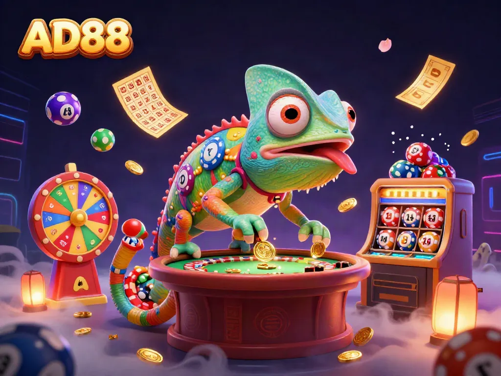 Experience the vibrant energy of AD88 as animated cartoon scenes come to life in this vibrant casino illustration.