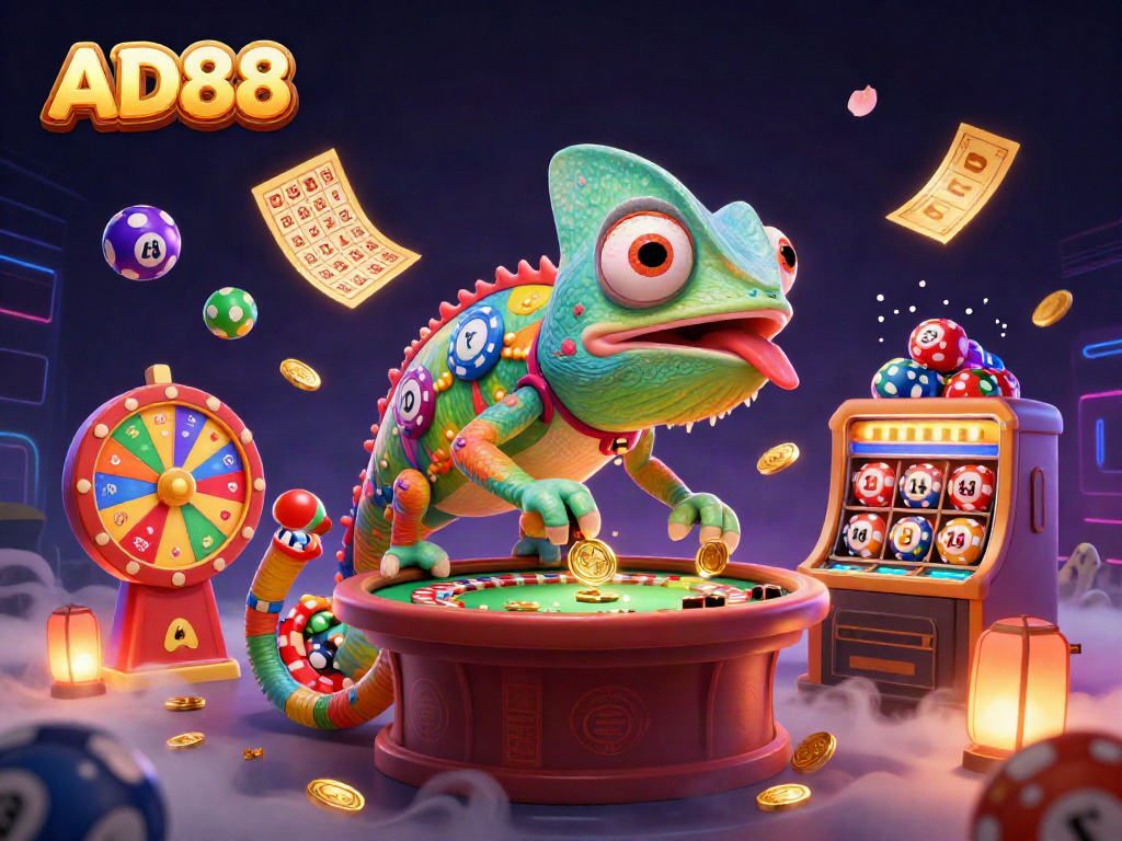 Experience the vibrant energy of AD88 as animated cartoon scenes come to life in this vibrant casino illustration.