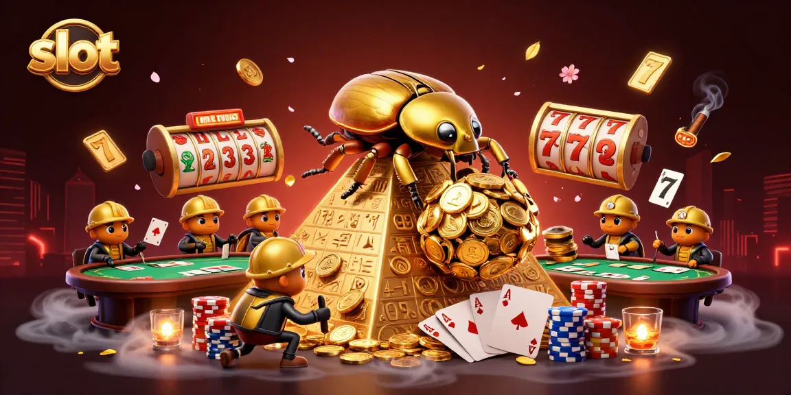 Engage with slot machines featuring a fun golden beetle scene, immersive gambling elements, and exciting casino symbols.