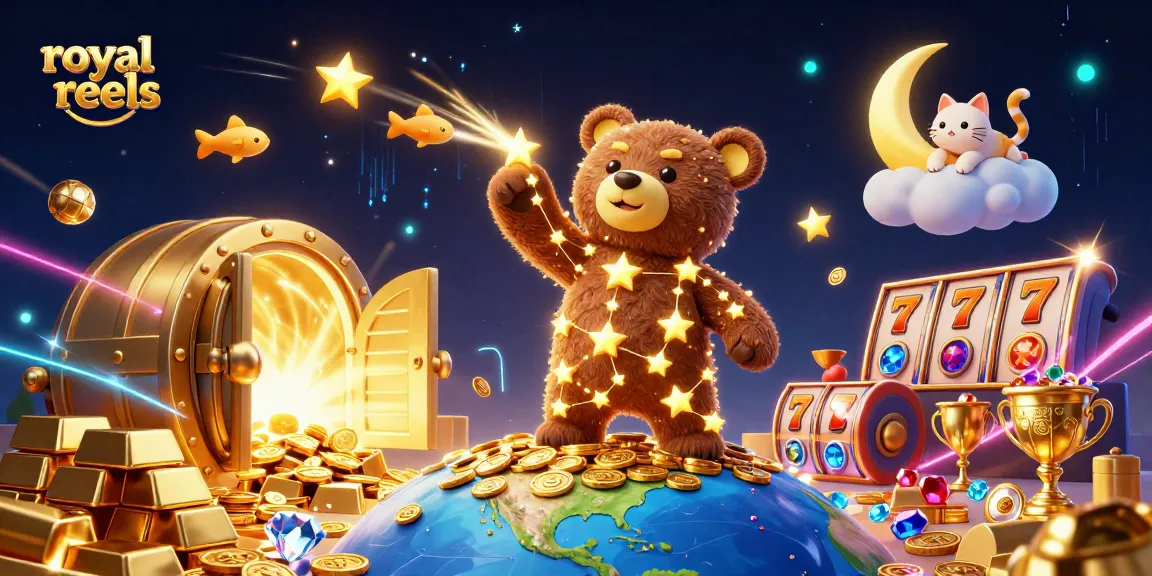 Win big at royal reels with an enchanting 3D cartoon casino scene filled with treasures.