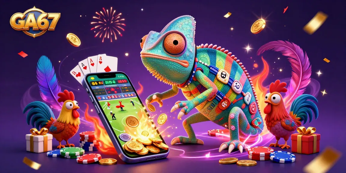 Engage with GA67's live cockfighting arena showcased in a vibrant chameleon-themed illustration.
