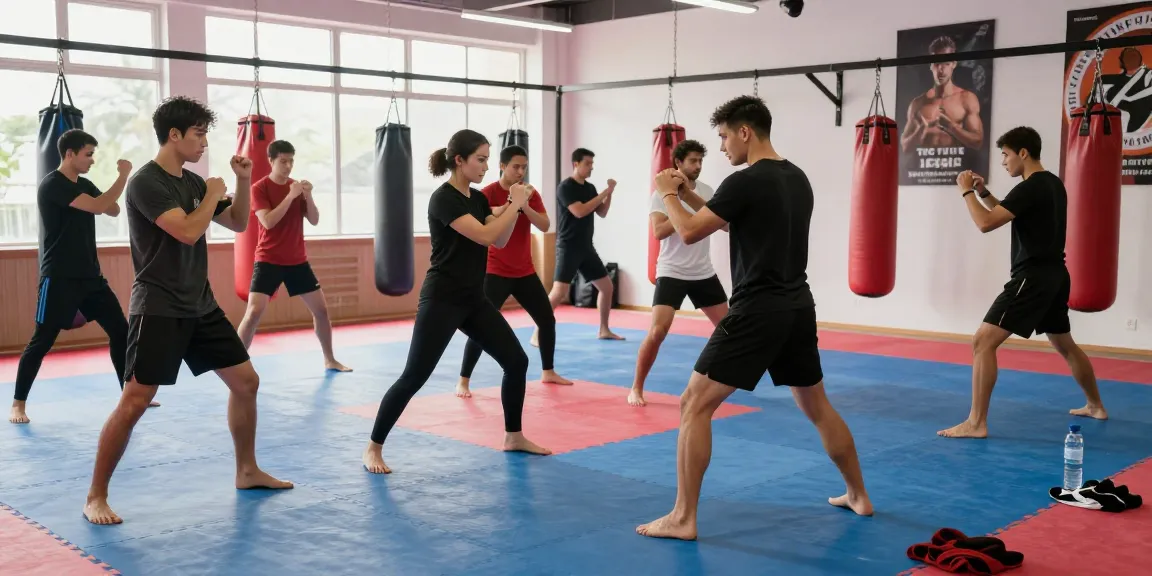 Pelatihan Terjun4D dalam suasana dojo modern dengan pelatih menunjukkan teknik bela diri.