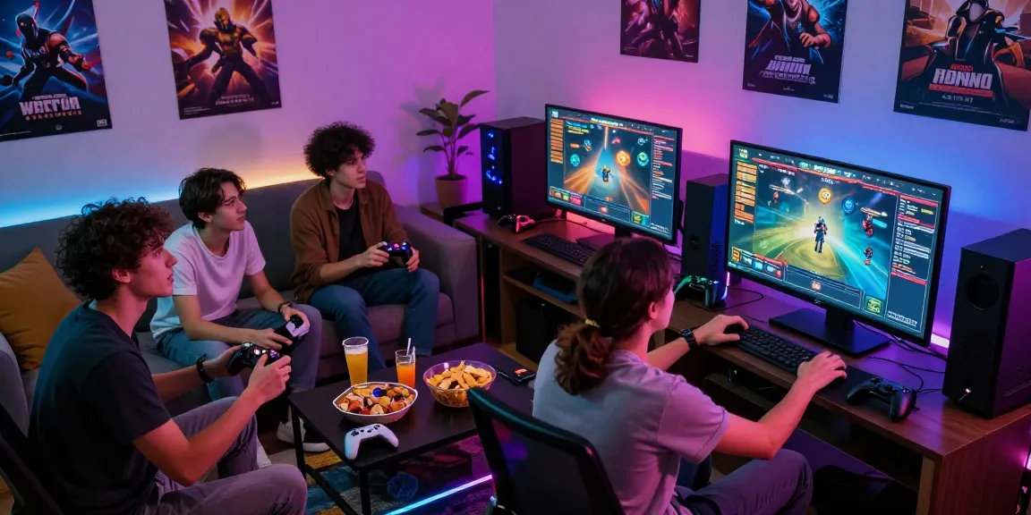 Friends playing a competitive online slot game in a vibrant gaming room.