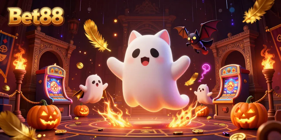 Experience thrill at Bet88 with a ghost cat and bat in a haunted casino.