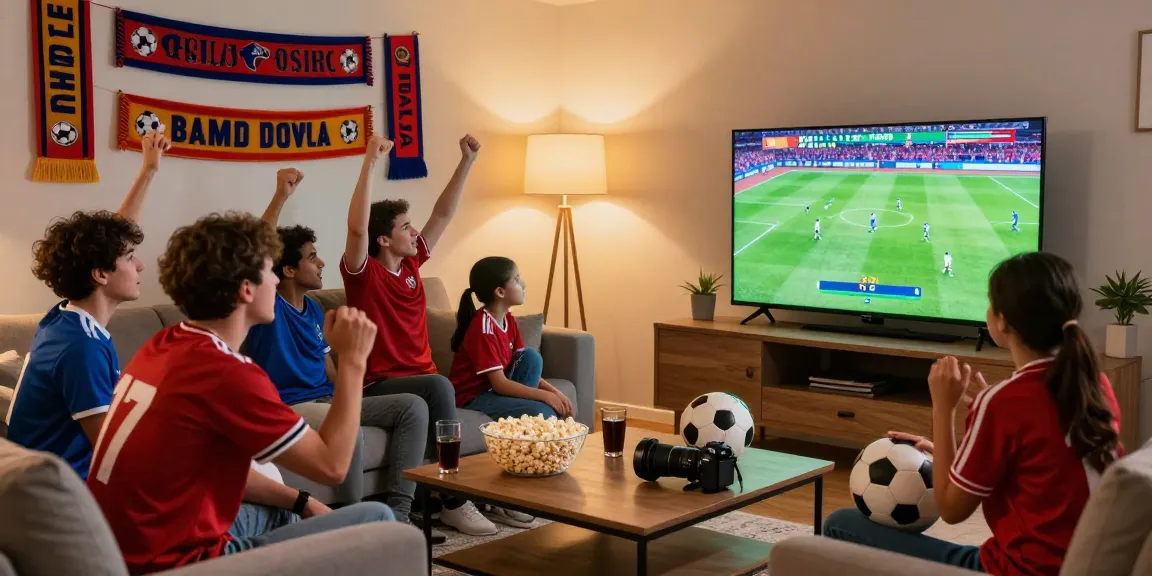 Excited fans enjoying Pelota Libre live soccer match in a cozy living room.