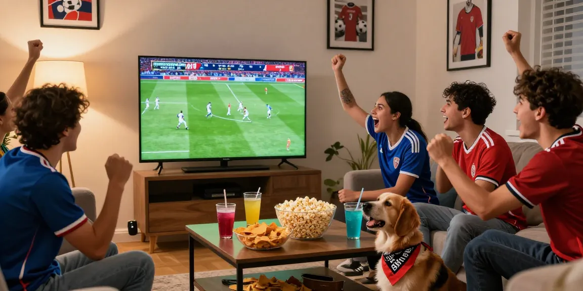 Friends celebrating a live football match on ihdsports, with jerseys, snacks, and excitement in cozy living room.