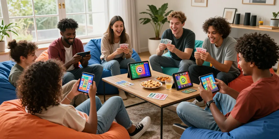 Friends playing Card Rummy online game in a cozy living room with vibrant graphics and snacks.